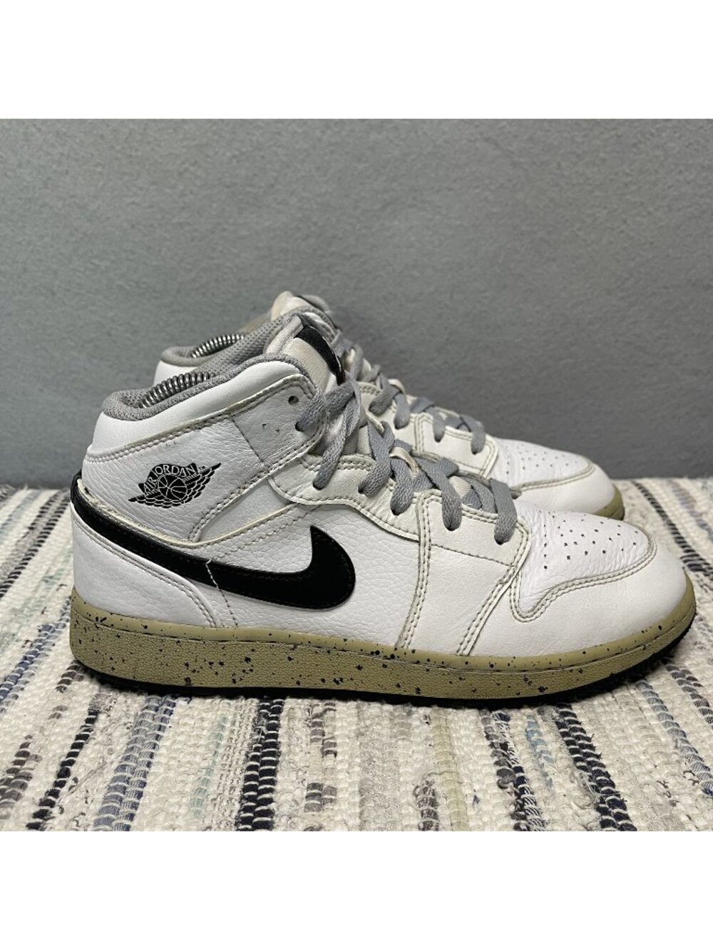 Nike Air Jordan 1 Mid White & Black Sneakers With Cement Sole Pattern 6.5Y 8W